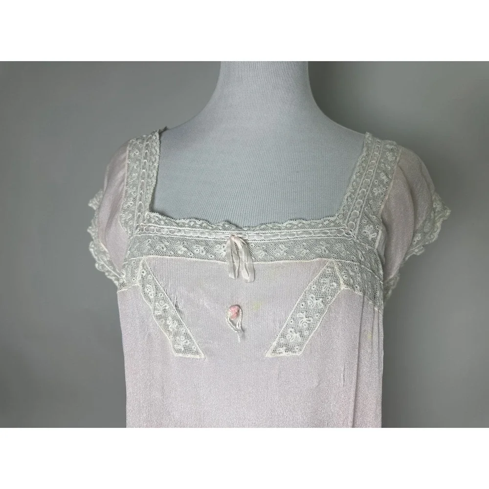 Vintage 1920s Pink Silk Nightgown White Lace Antique Flapper Lingerie Dress - Picture 5 of 10